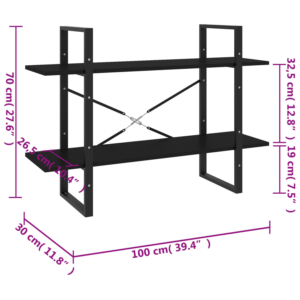 Bookcase 2 Compartments Black 100x30x70 cm Wood Material