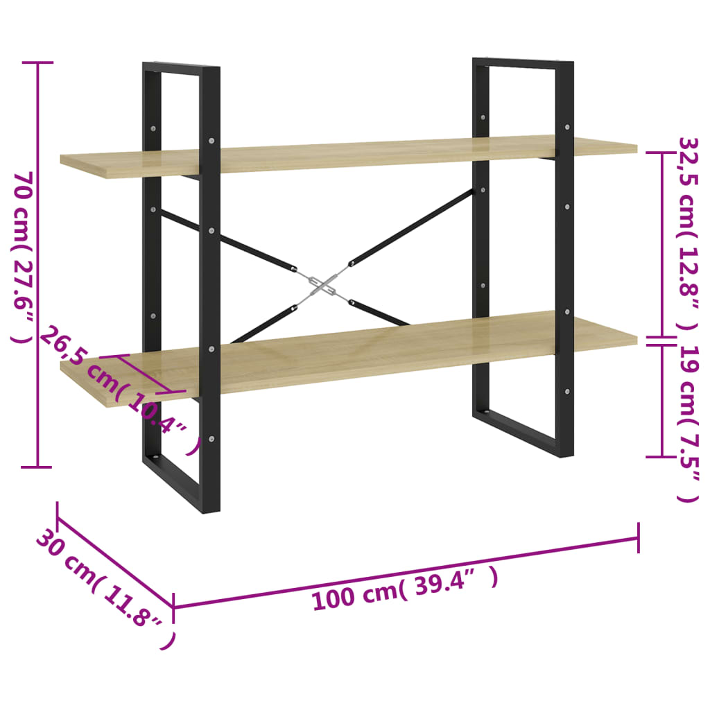 Bookcase 2 compartments Sonoma oak 100x30x70 cm wood material