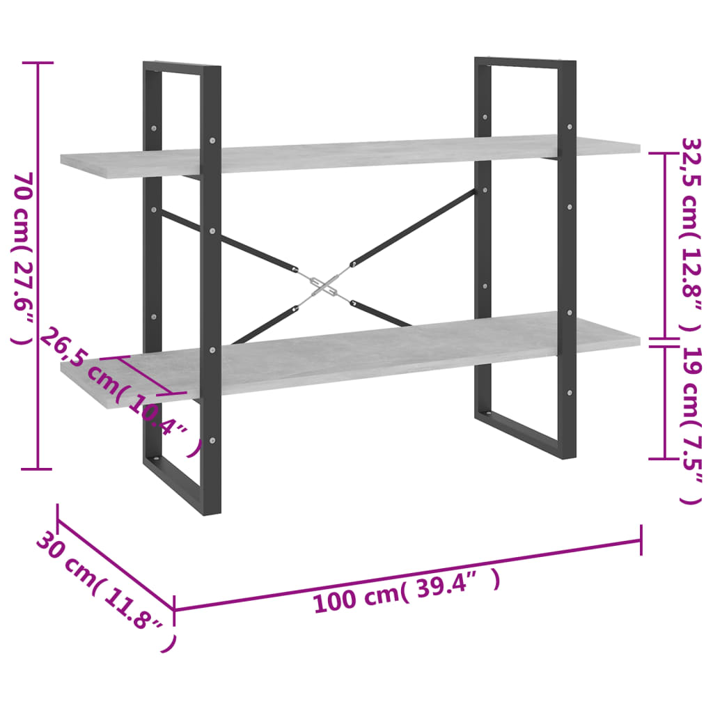 Bücherregal 2 Fächer Betongrau 100x30x70 cm Holzwerkstoff