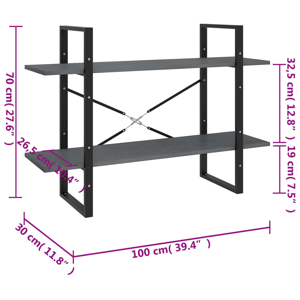 Bookcase 2 Shelves Grey 100x30x70 cm Solid Pine