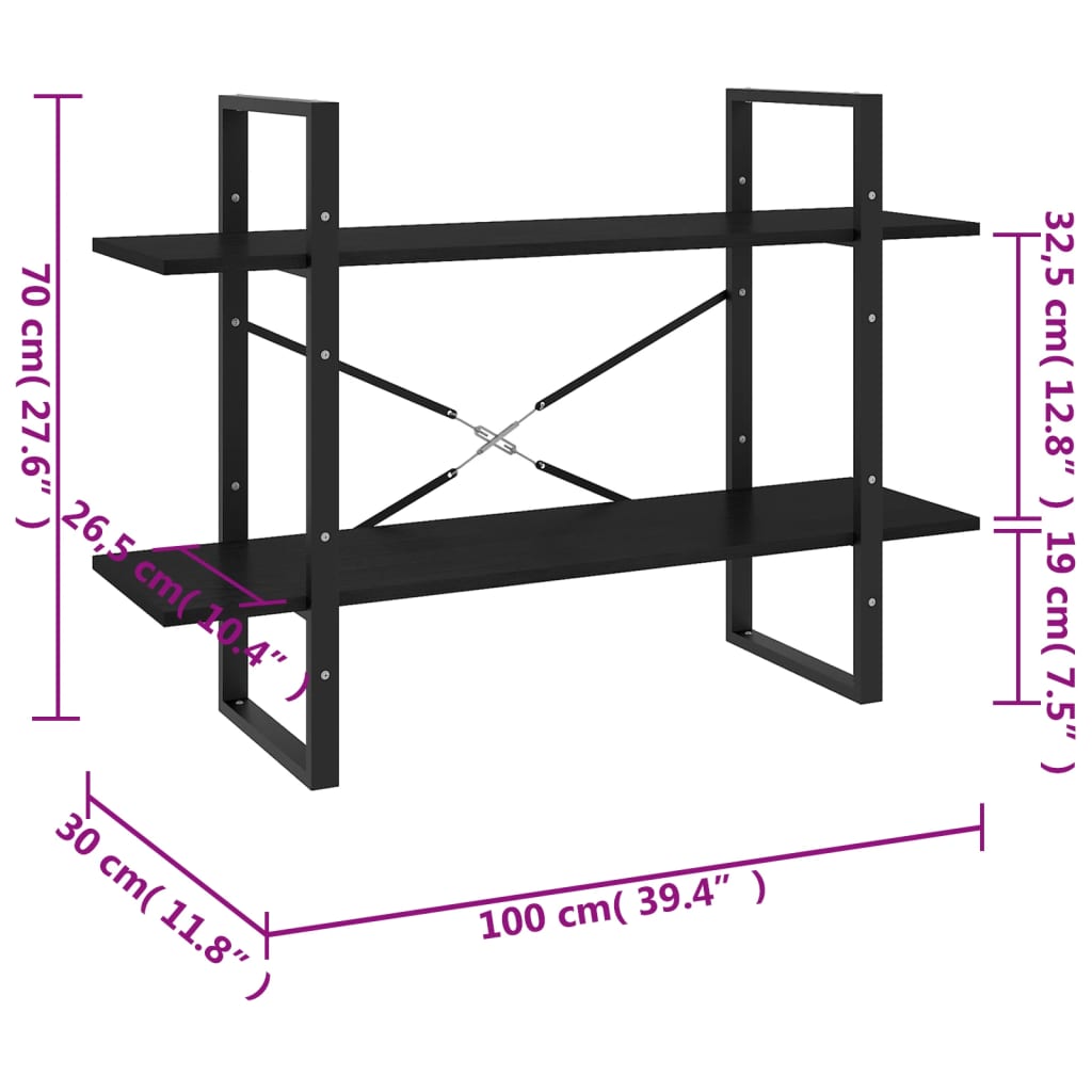 Bookcase 2 Shelves Black 100x30x70 cm Solid Pine