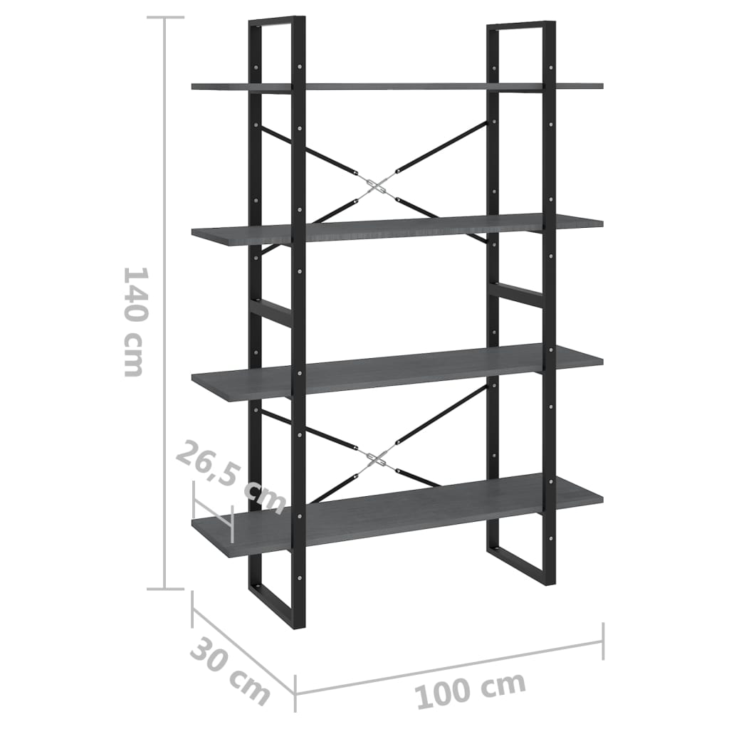 Bookcase 4 Shelves Grey 100x30x140 cm Solid Pine