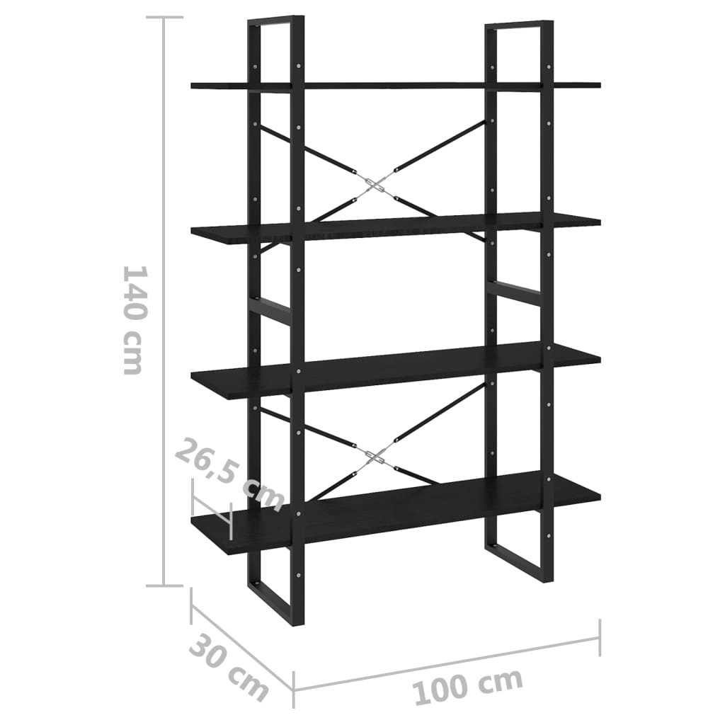 Bookcase 4 Shelves Black 100x30x140 cm Solid Pine