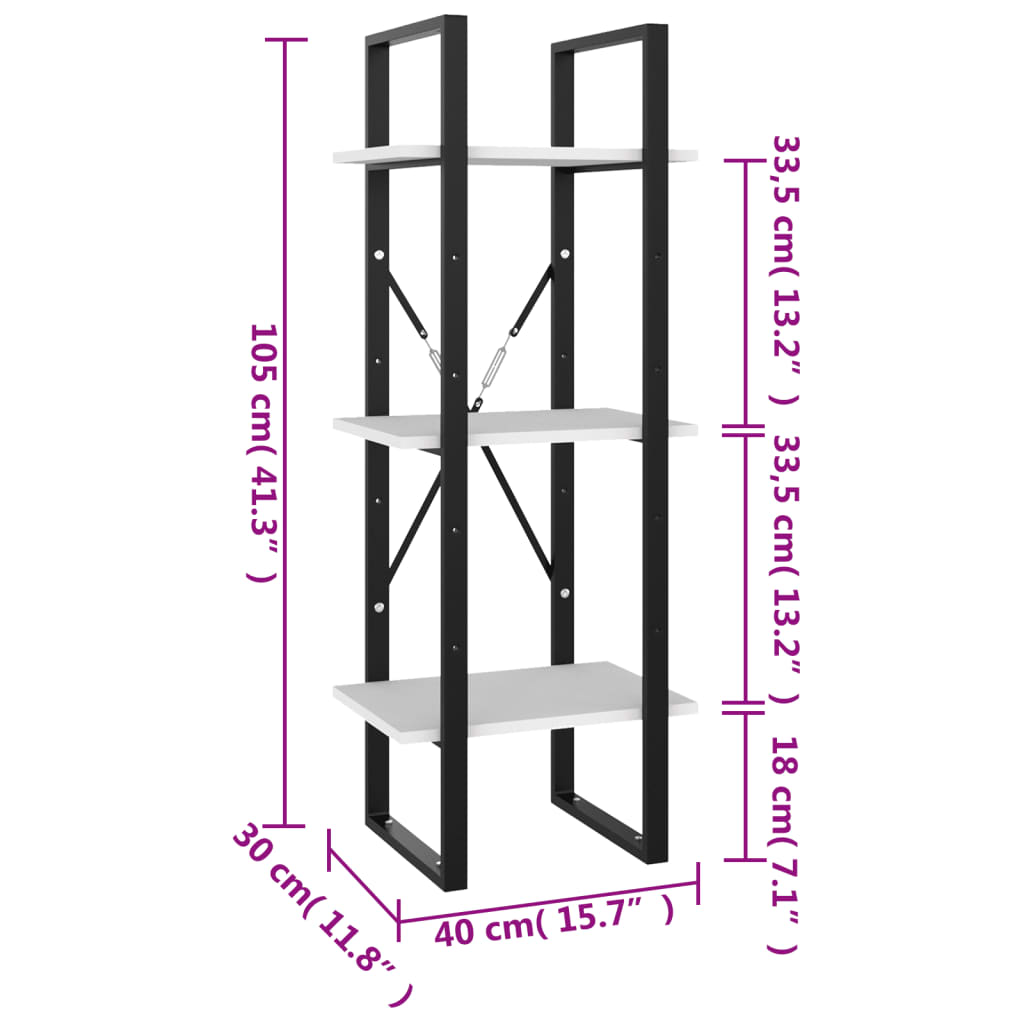 Bookcase 3 Compartments White 40x30x105 cm Wood Material