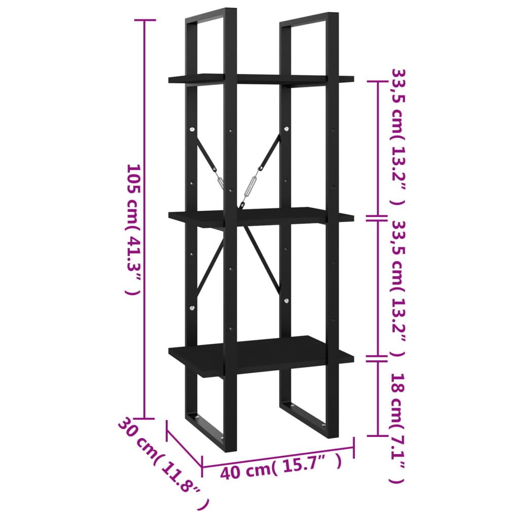 Bücherregal 3 Fächer Schwarz 40x30x105 cm Holzwerkstoff