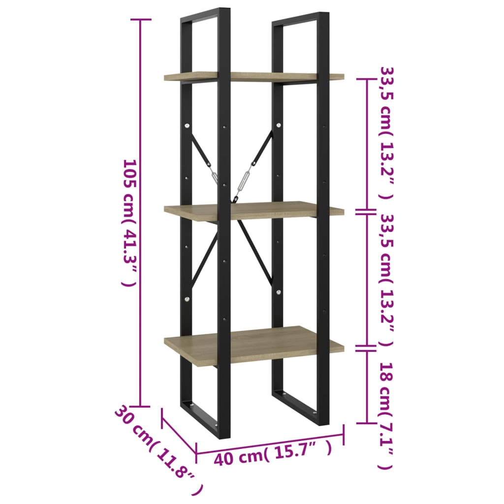 Bookcase 3 compartments Sonoma oak 40x30x105 cm wood material