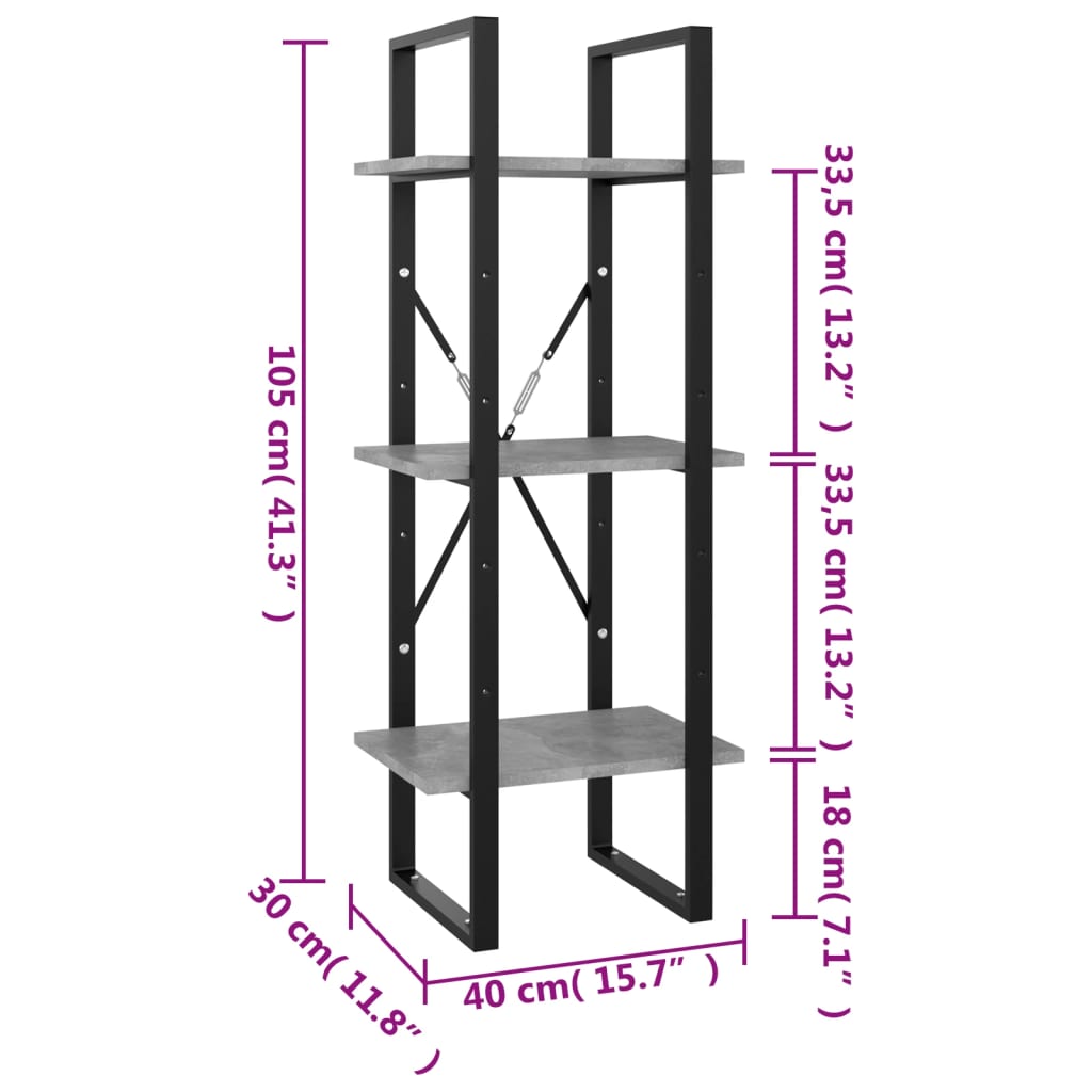 Bookcase 3 compartments concrete grey 40x30x105 cm wood material