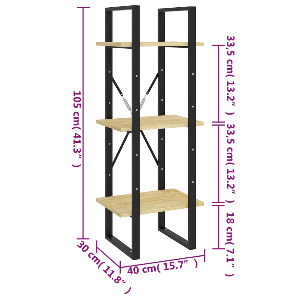 Bookcase 3 shelves 40x30x105 cm solid pine wood