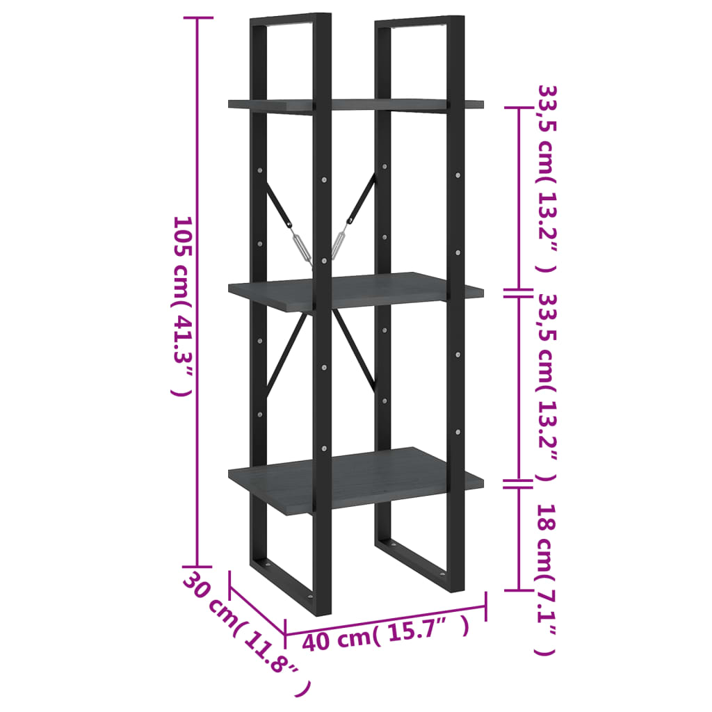 Bookcase 3 Shelves Grey 40x30x105 cm Solid Pine