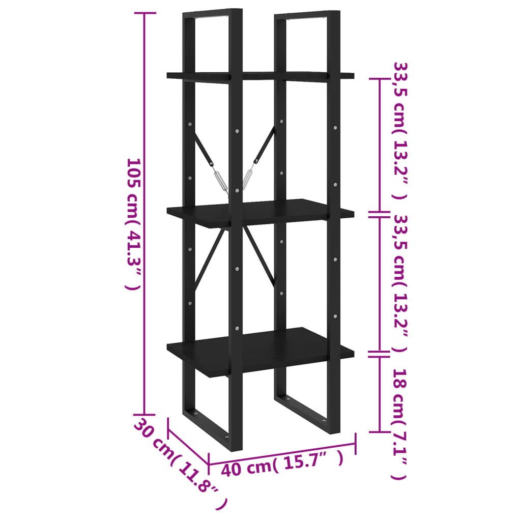 Bookcase 3 Shelves Black 40x30x105 cm Solid Pine