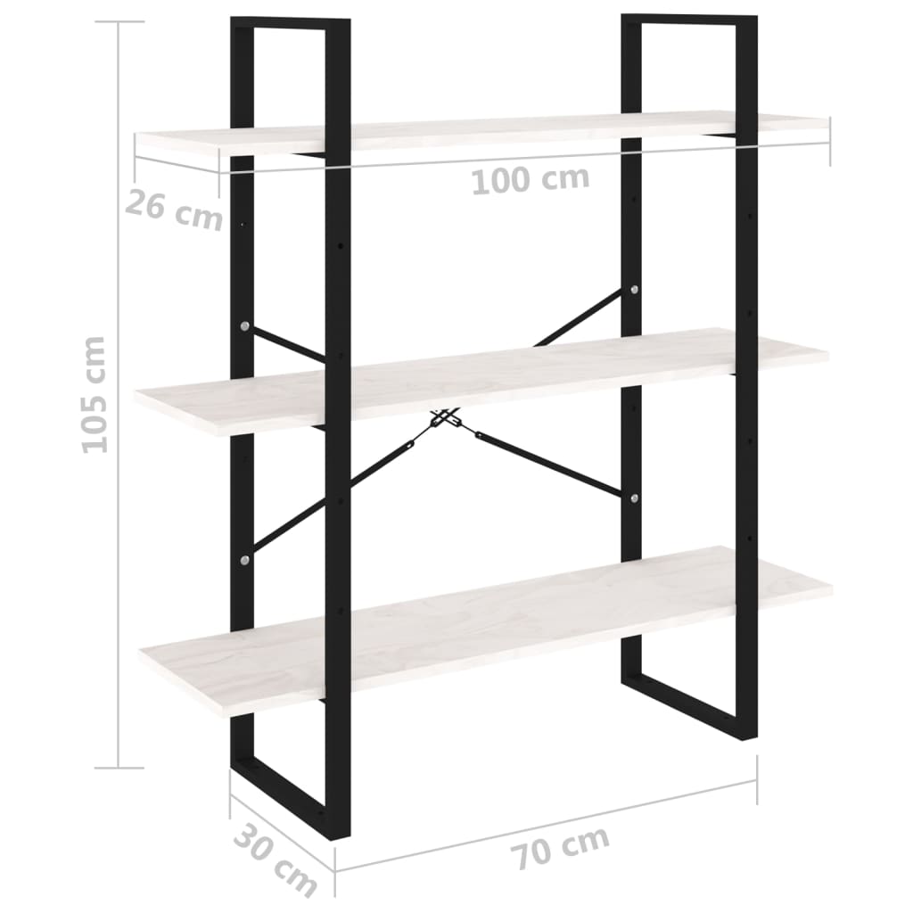 Bookcase 3 Shelves White 100x30x105 cm Solid Pine