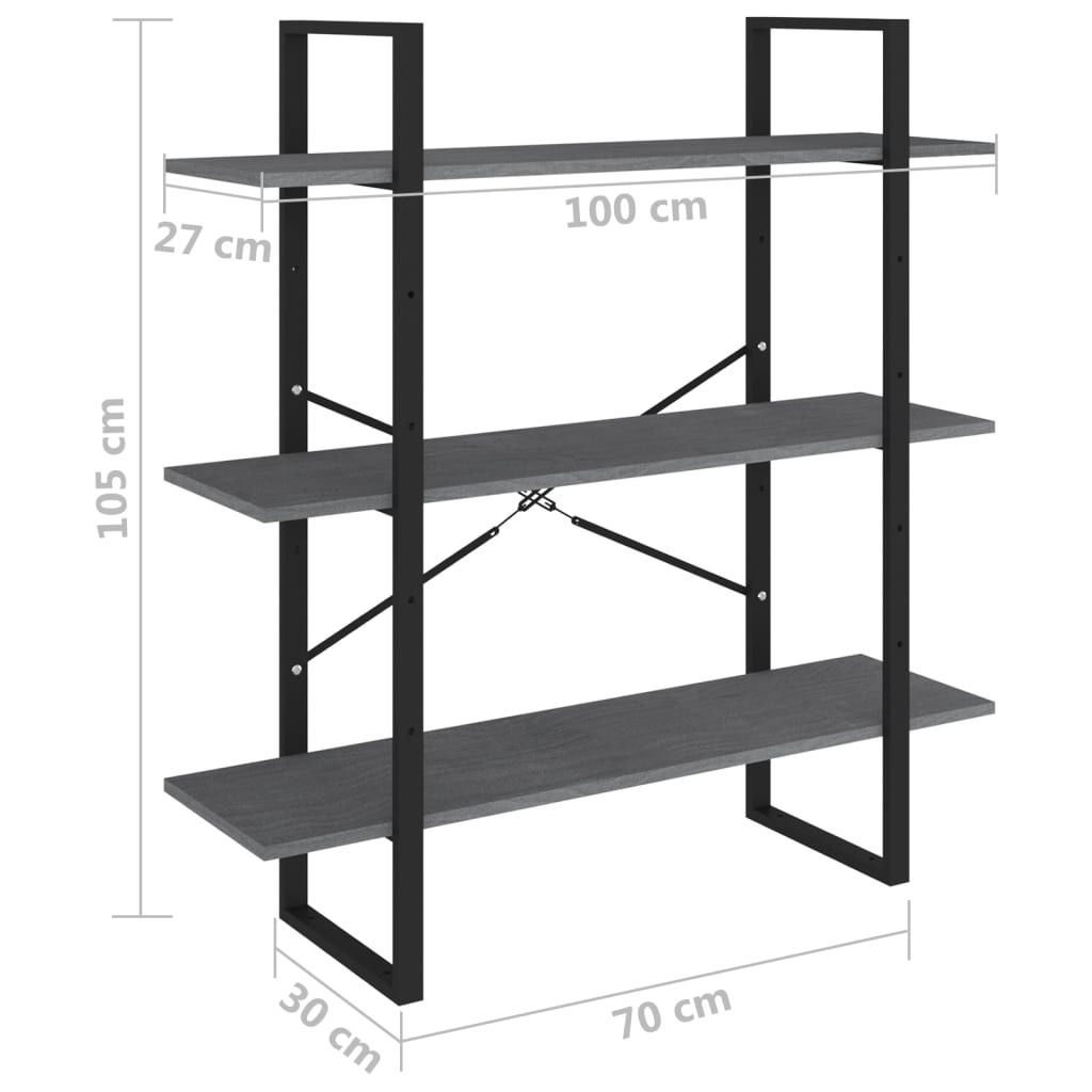 Bookcase 3 Shelves Grey 100x30x105 cm Solid Pine