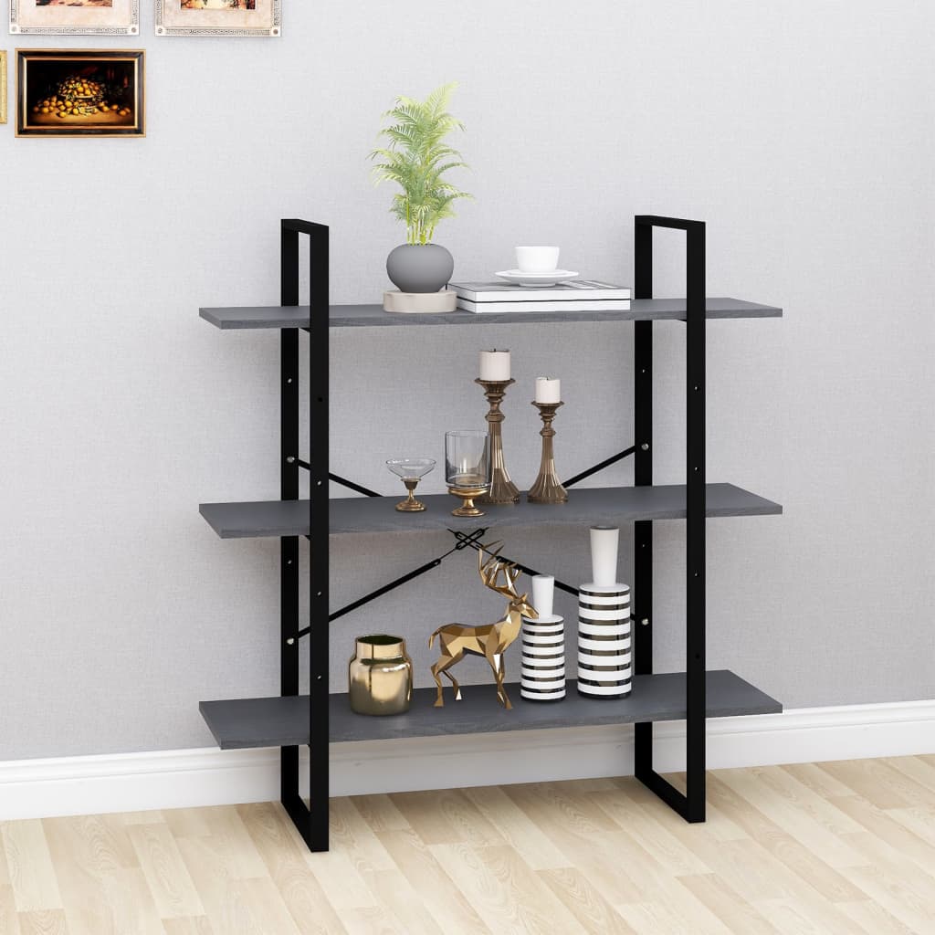 Bookcase 3 Shelves Grey 100x30x105 cm Solid Pine