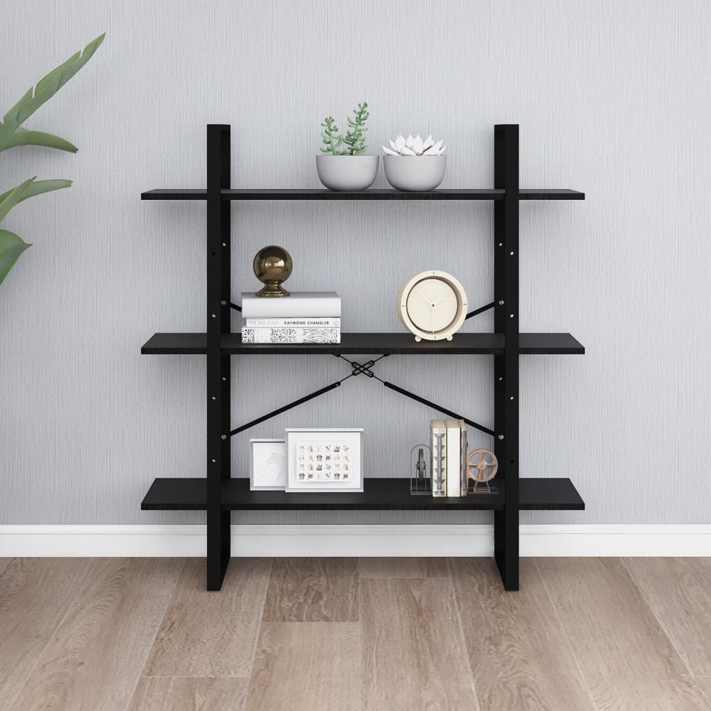 Bookcase 3 Shelves Black 100x30x105 cm Solid Pine