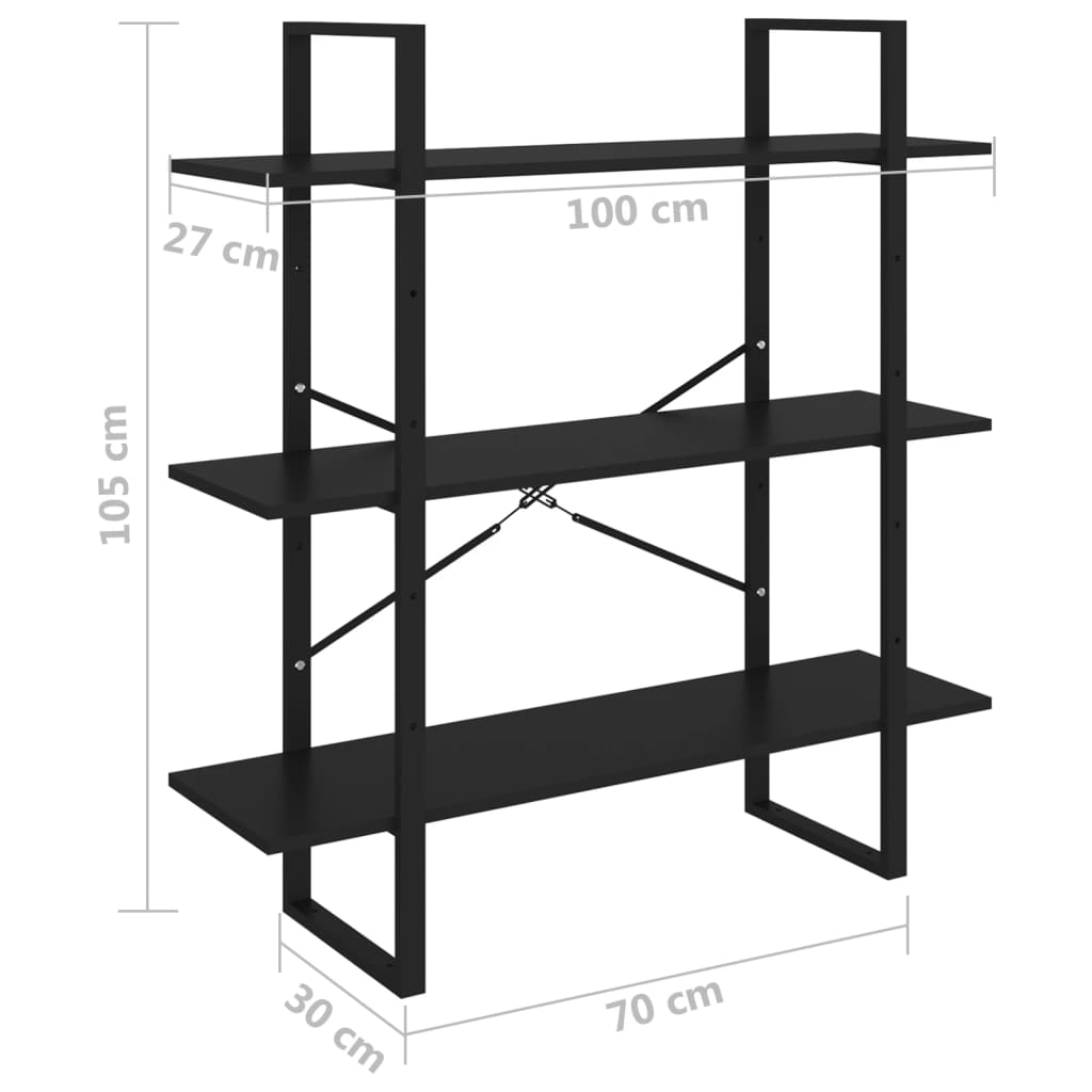 Bookcase 3 Shelves Black 100x30x105 cm Solid Pine