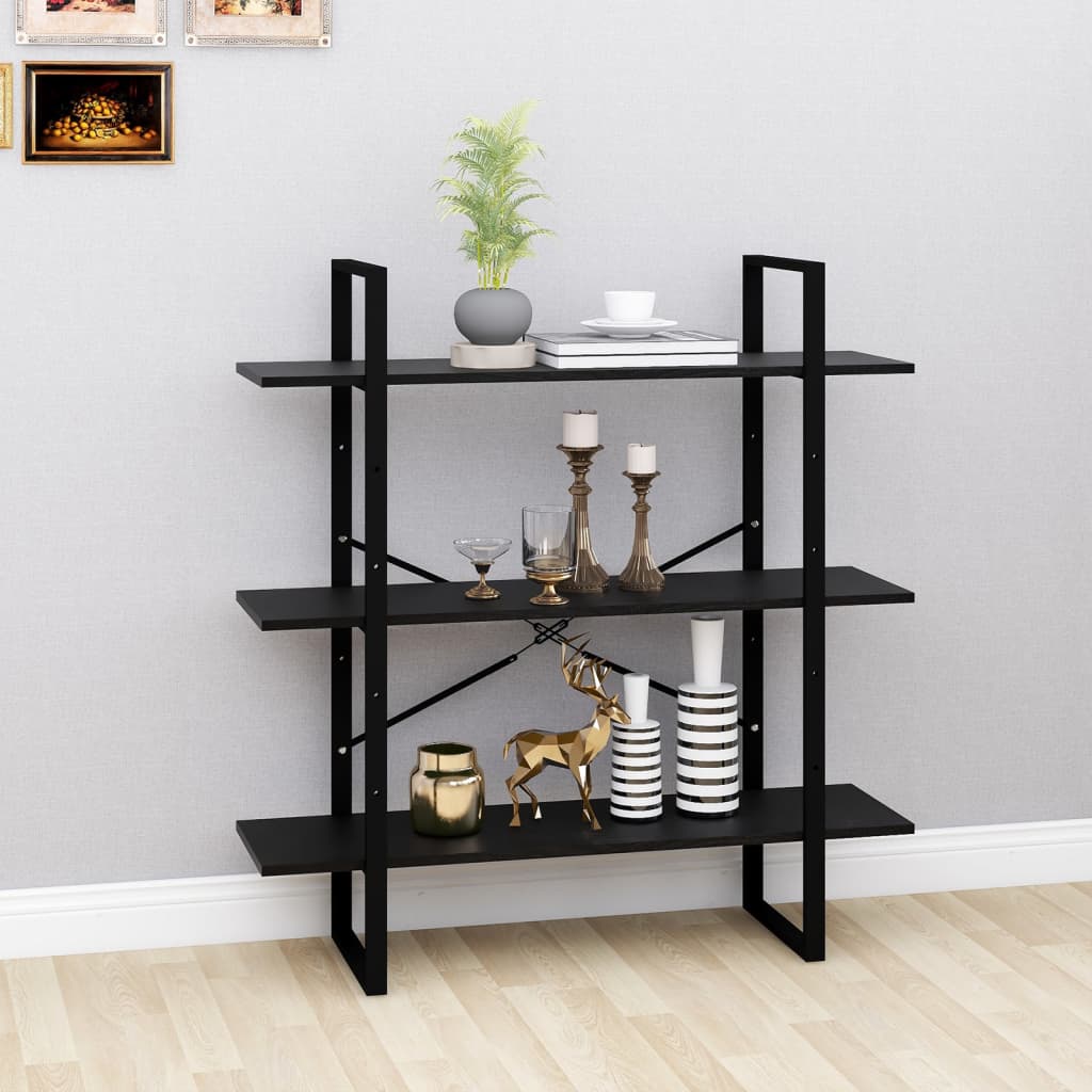 Bookcase 3 Shelves Black 100x30x105 cm Solid Pine