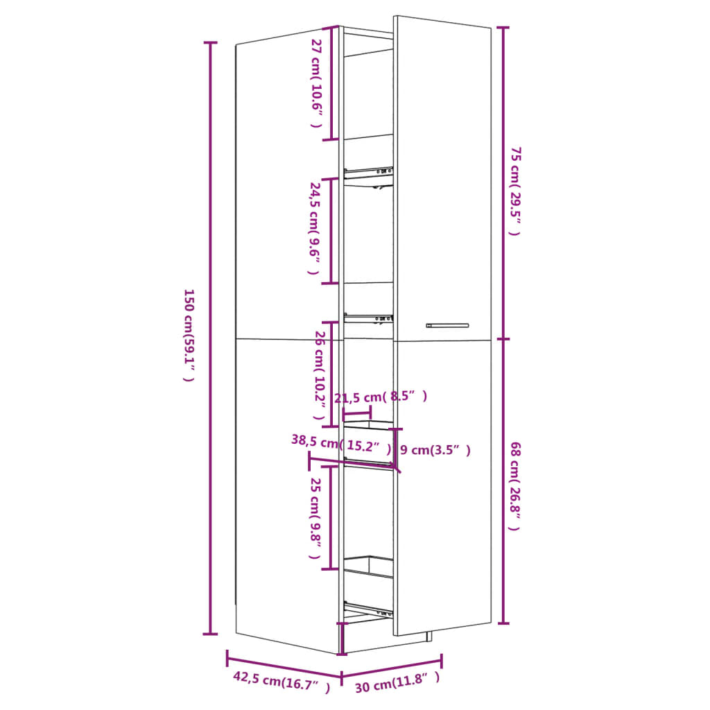 Apothecary Cabinet White 30x42.5x150 cm Wood Material