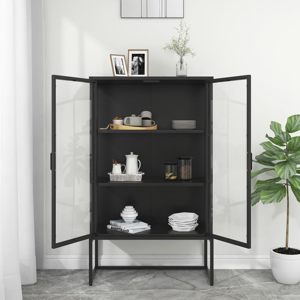 Highboard Schwarz 80x35x135 cm Stahl und Gehärtetes Glas