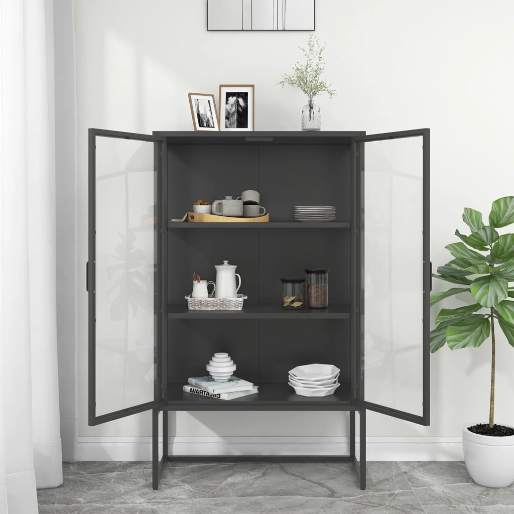 Highboard Anthrazit 80x35x135 cm Stahl und Gehärtetes Glas