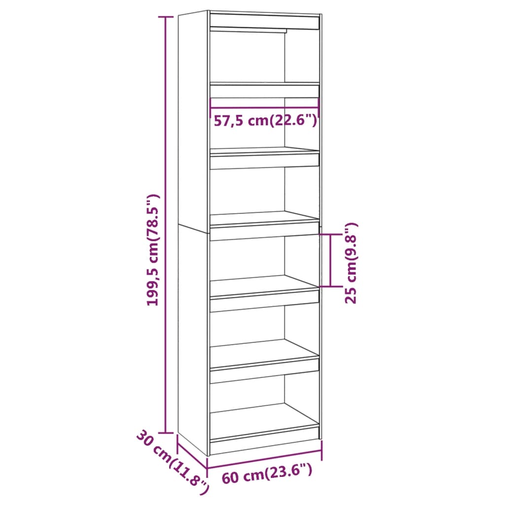 Bookshelf/room divider 60x30x199.5 cm solid pine wood