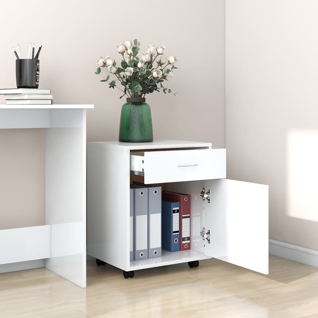 Rolling Cabinet High Gloss White 45x38x54 cm Wood Material