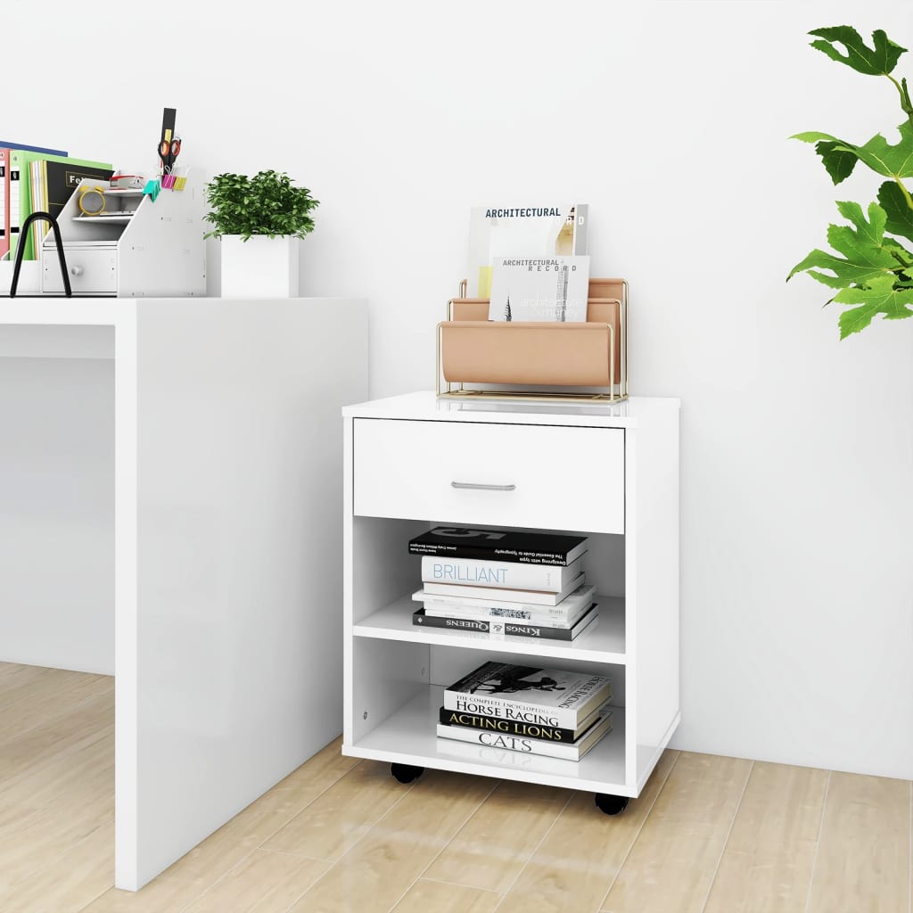 Rolling Cabinet High Gloss White 46x36x59 cm Wood Material