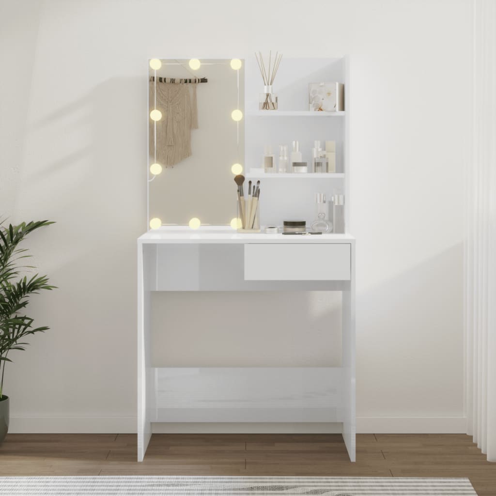 Dressing table with LED high-gloss white 74.5x40x141 cm