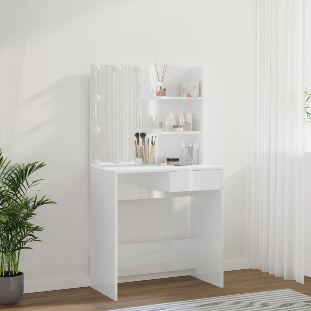 Dressing table with LED high-gloss white 74.5x40x141 cm