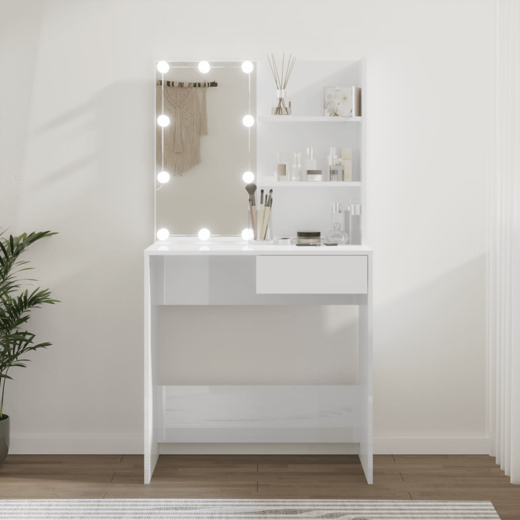 Dressing table with LED high-gloss white 74.5x40x141 cm