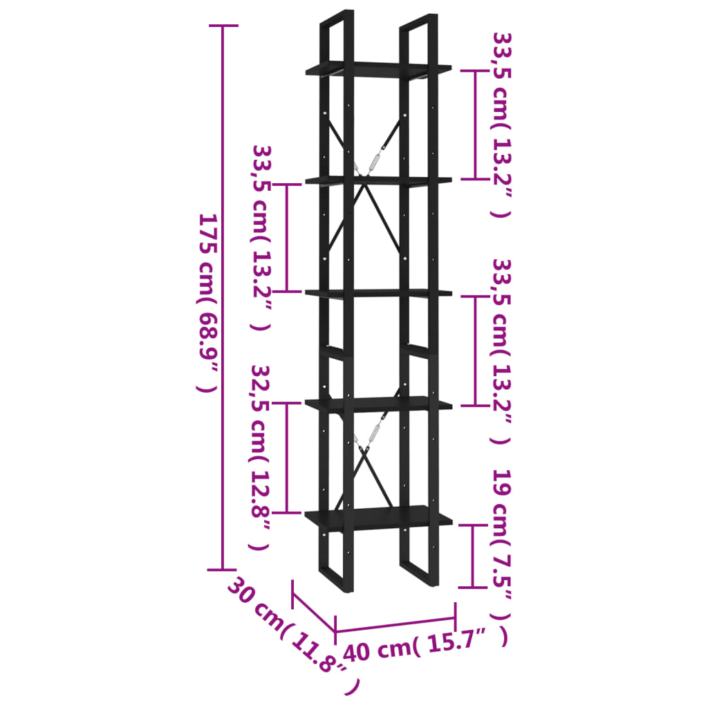 Bücherregal 5 Fächer Schwarz 40x30x175 cm Holzwerkstoff