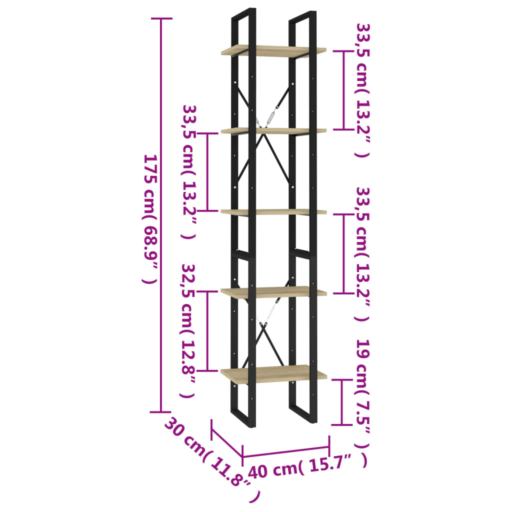 Bücherregal 5 Fächer Sonoma-Eiche 40x30x175 cm Holzwerkstoff