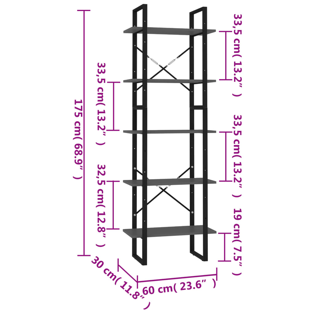 Bücherregal 5 Fächer Grau 60x30x175 cm Holzwerkstoff