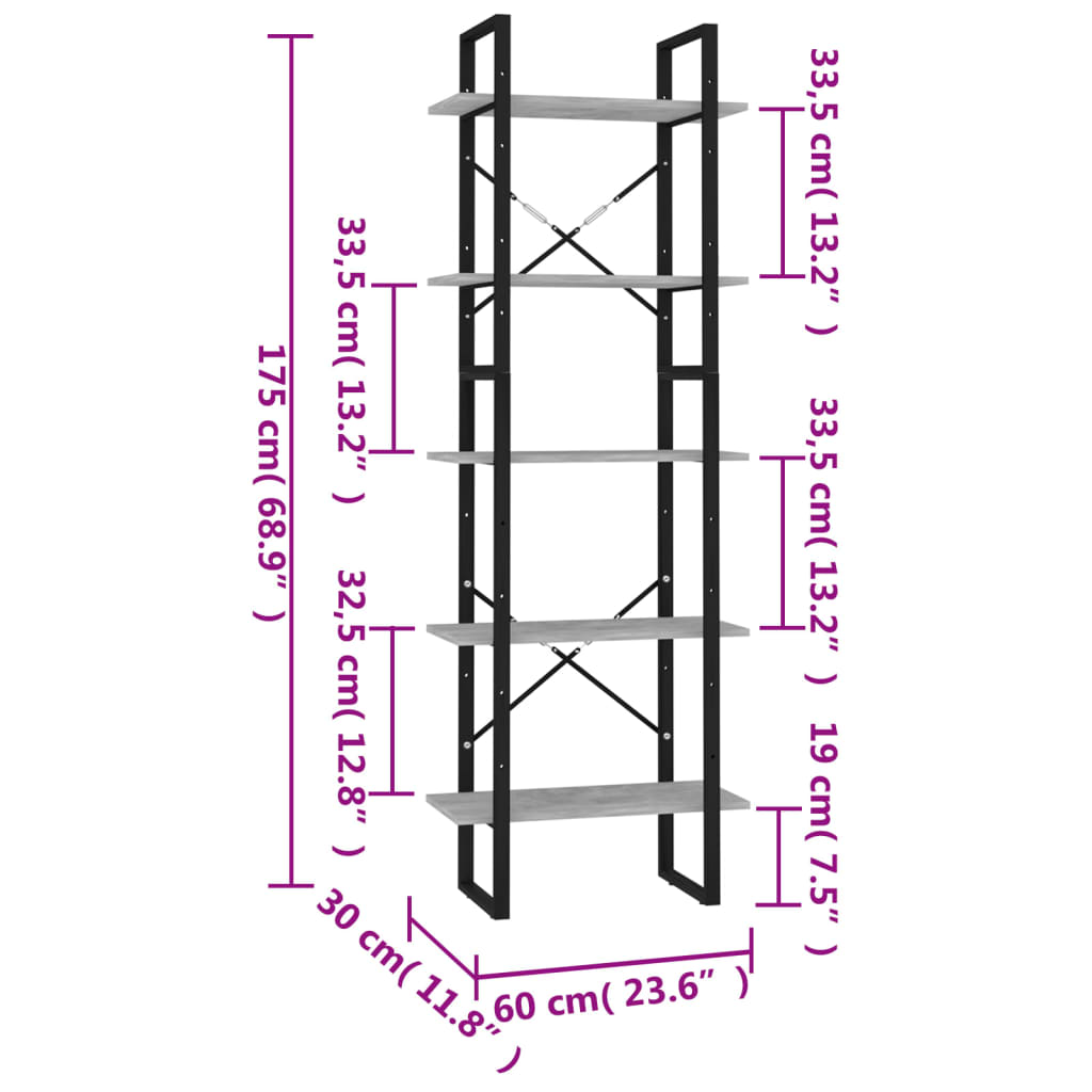 Bücherregal 5 Fächer Betongrau 60x30x175 cm Holzwerkstoff