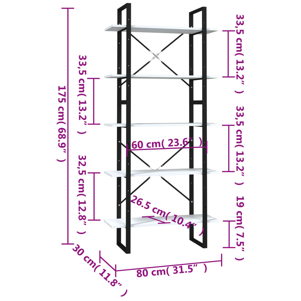 Bücherregal 5 Fächer Weiß 80x30x175 cm Holzwerkstoff