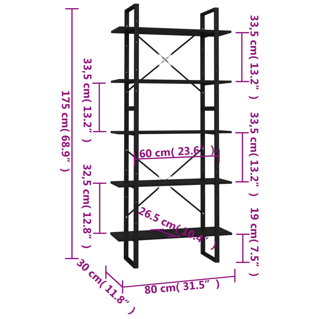 Bücherregal 5 Fächer Schwarz 80x30x175 cm Holzwerkstoff