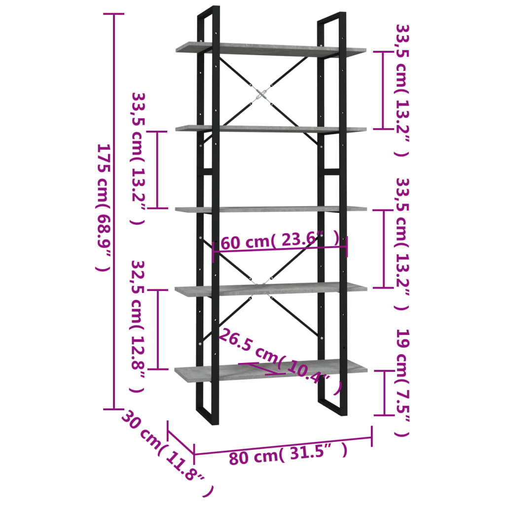 Bücherregal 5 Fächer Betongrau 80x30x175 cm Holzwerkstoff