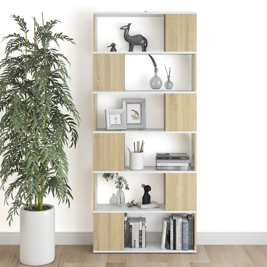 Bookcase Room Divider White Sonoma Oak 80x24x186 cm