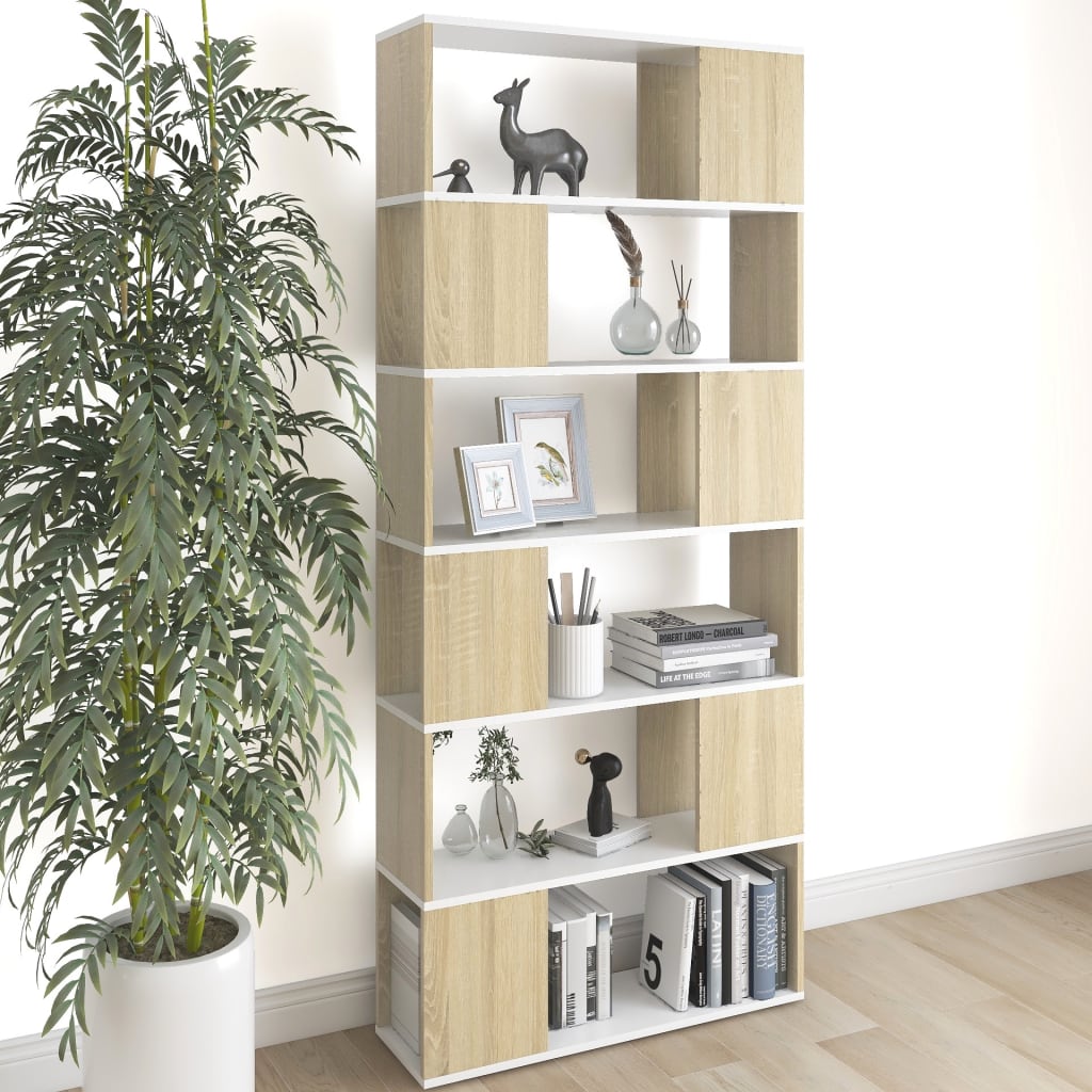 Bookcase Room Divider White Sonoma Oak 80x24x186 cm