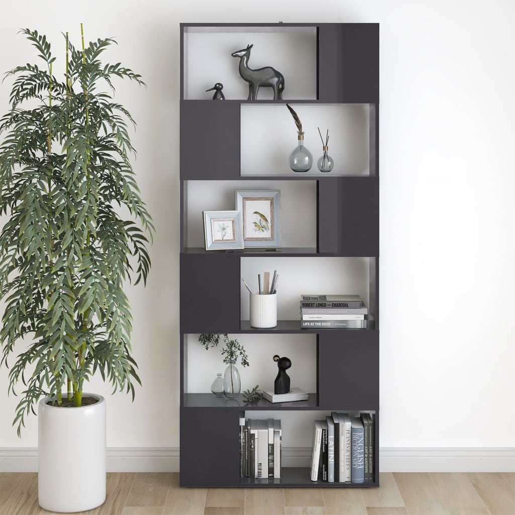 Bücherregal Raumteiler Hochglanz-Grau 80x24x186cm Holzwerkstoff