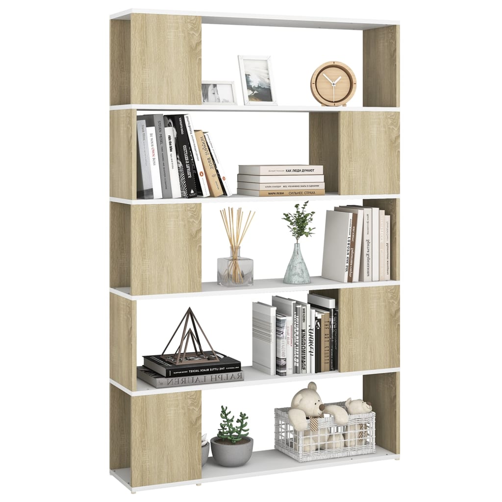 Bookcase Room Divider White and Sonoma Oak Wood Material