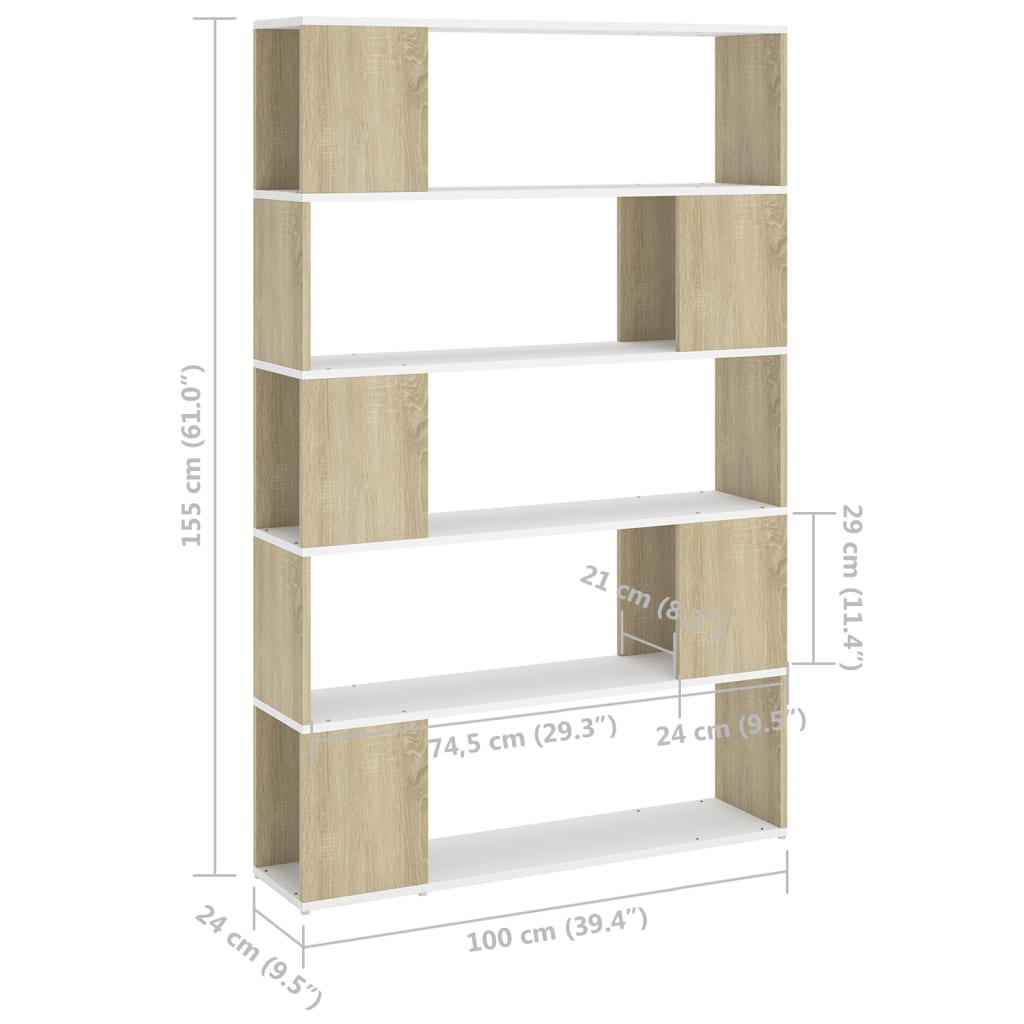 Bookcase Room Divider White and Sonoma Oak Wood Material