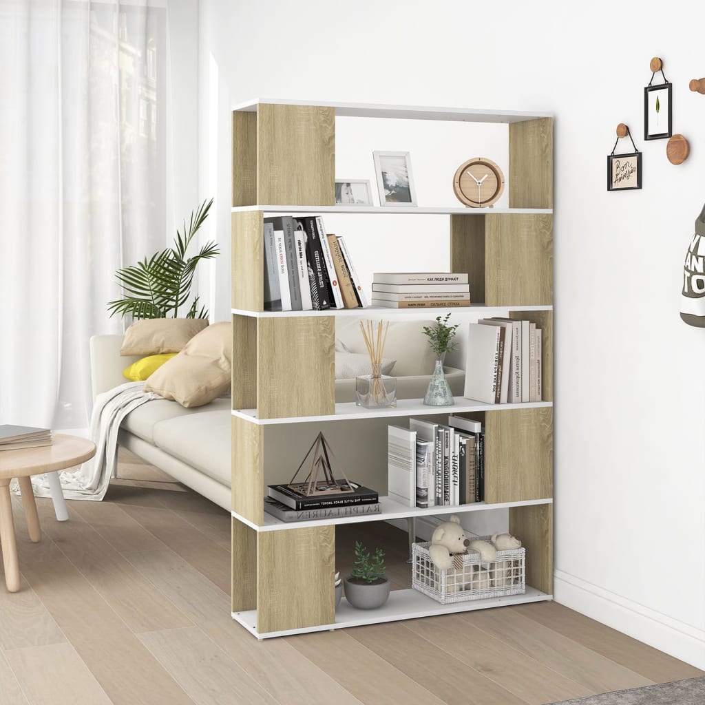 Bookcase Room Divider White and Sonoma Oak Wood Material