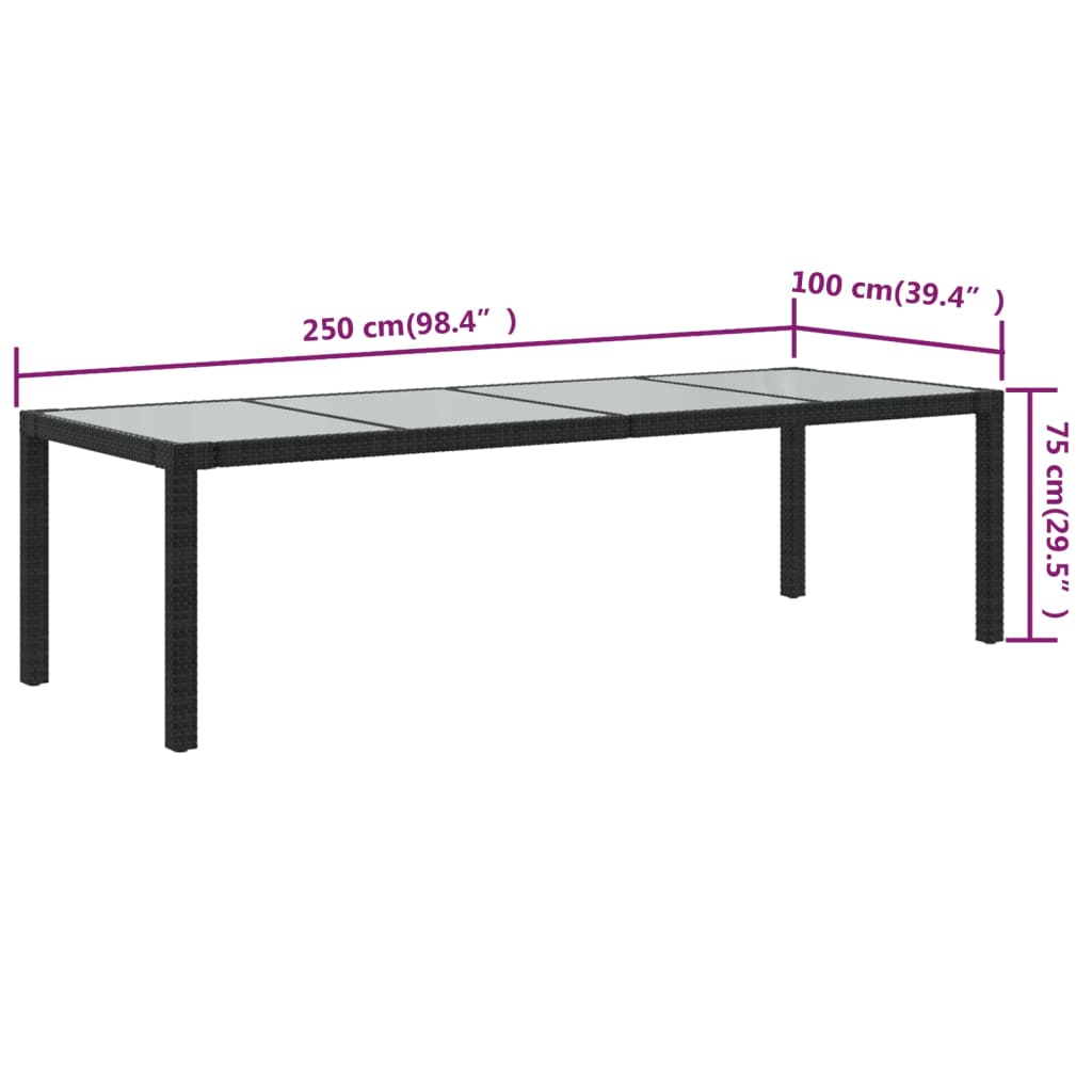 Gartentisch Schwarz 250x100x75 cm Gehärtetes Glas Poly Rattan