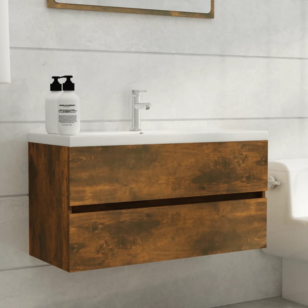 Washbasin cabinet smoked oak 90x38.5x45 cm wood material