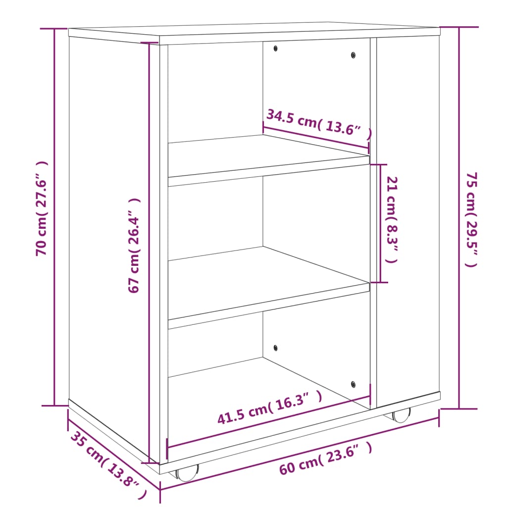 Rolling Cabinet Smoked Oak 60x35x75 cm Wood Material