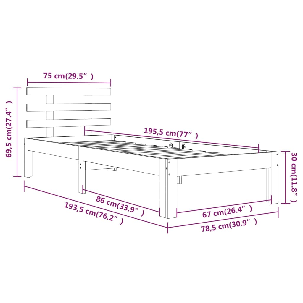 Solid Wood Bed White 75x190 cm