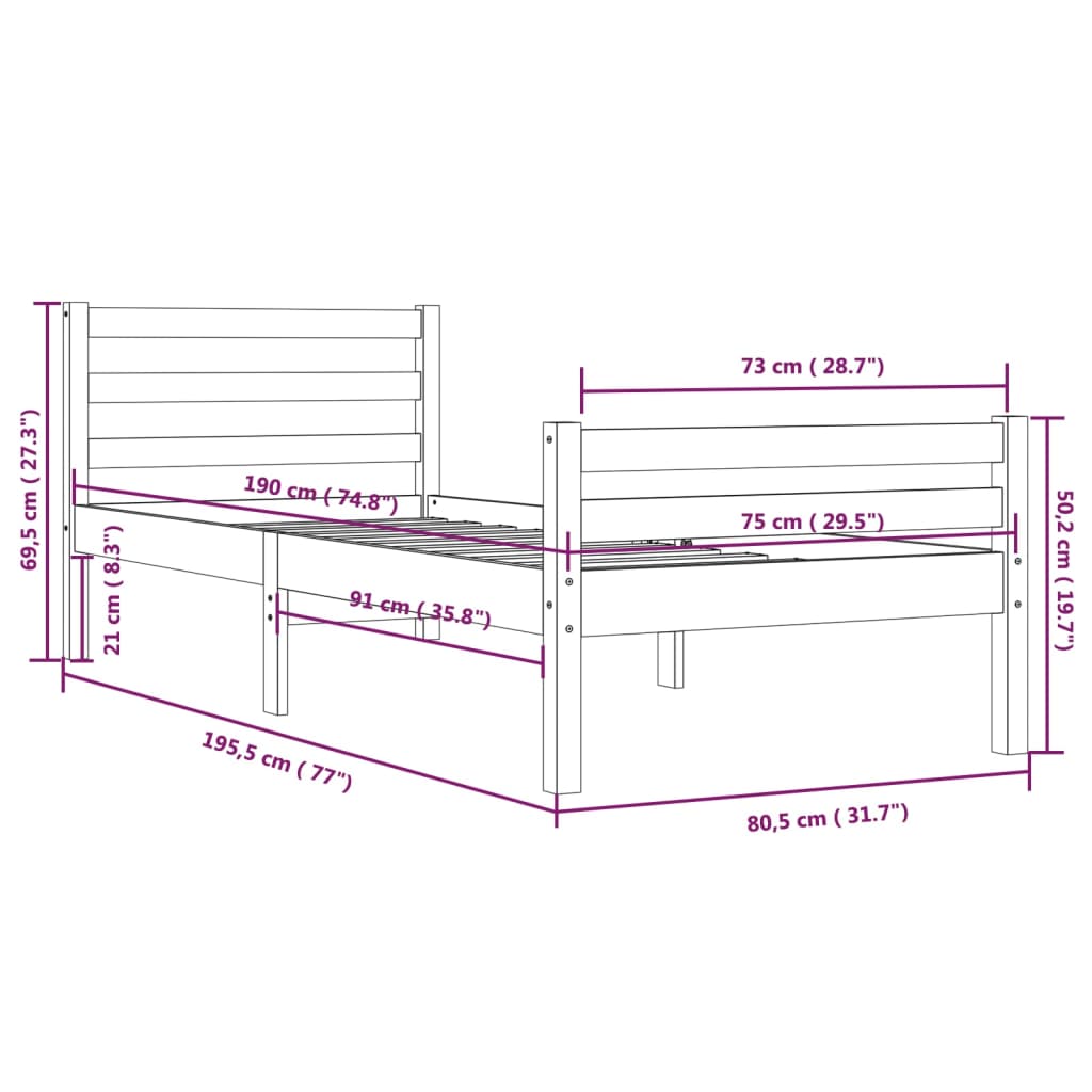 Massivholzbett ohne Matratze 75x190 cm