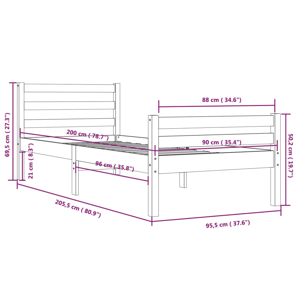 Solid Wood Bed White 90x200 cm