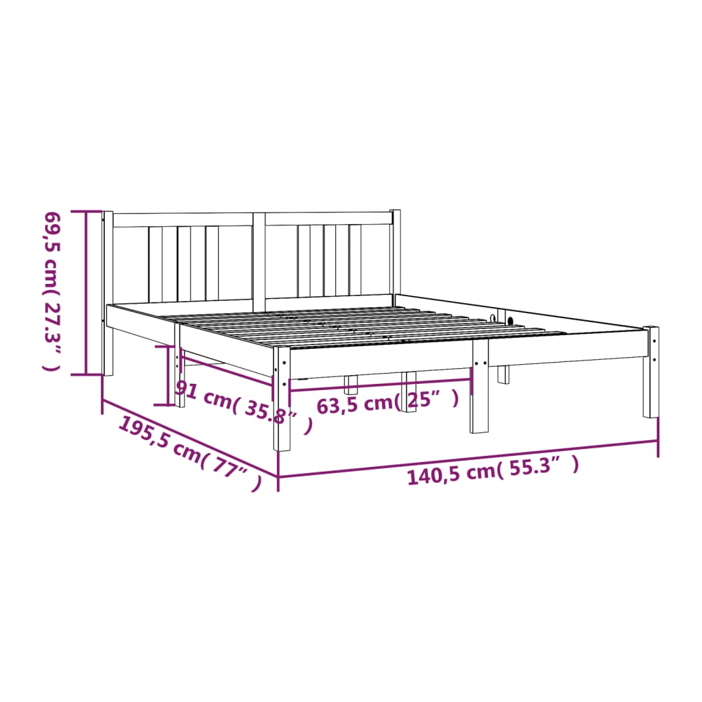 Solid wood bed gray 135x190 cm