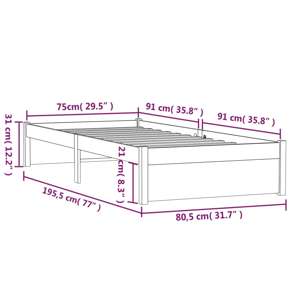 Solid wood bed without mattress Black 75x190 cm